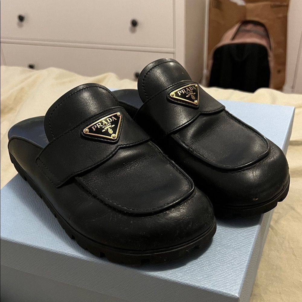 Prada Black Leather Calzature Donna Vit Sport Mules Loafers 38.5